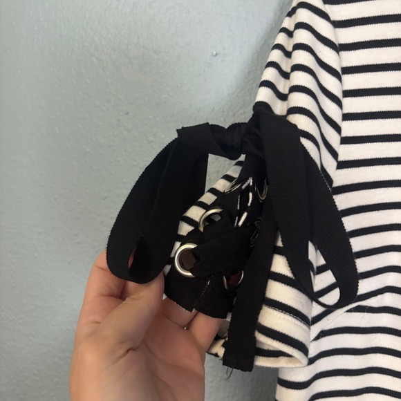 Anthropologie Maeve Ribbons and Stripes Mini Shirt Dress Black White Size Medium - Picture 5 of 13
